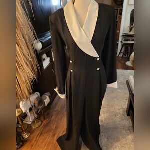VTG JR Nites by Caliendo Women Satin Black White Tuxedo Jumpsuit